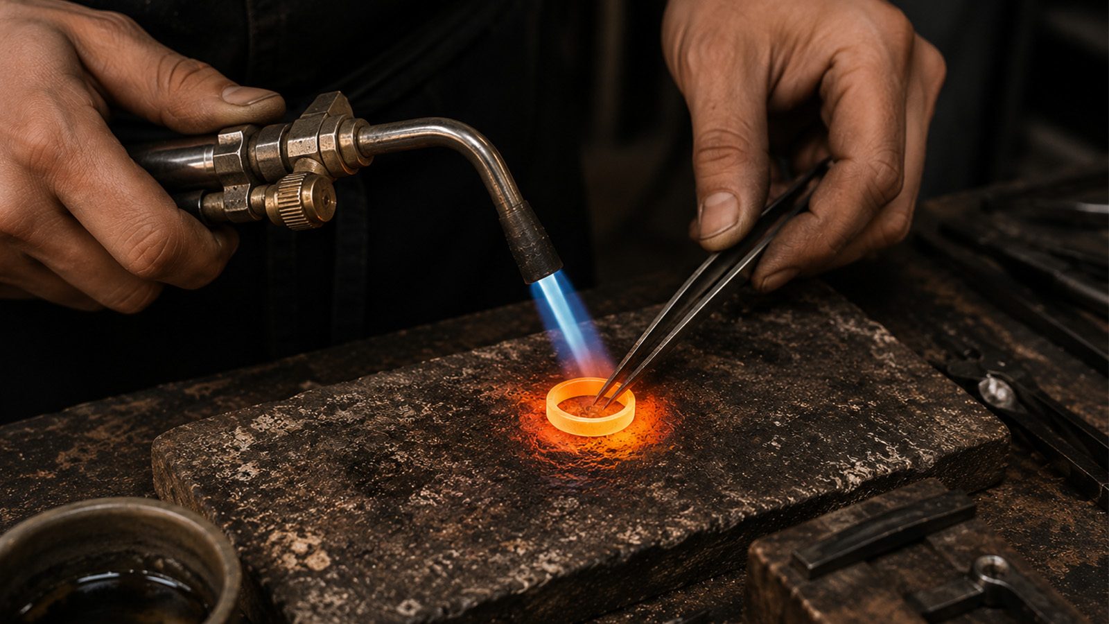 赤く光るリングにバーナーの炎を当てる火入れの工程｜ennowa 鍛造