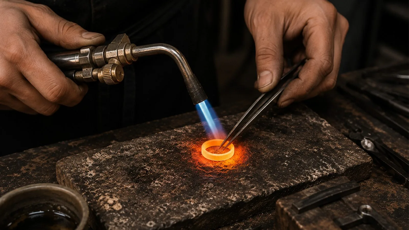 赤く光るリングにバーナーの炎を当てる火入れの工程｜ennowa 鍛造